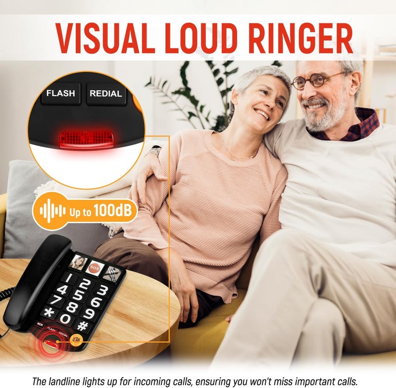 Uvital Big Button Phones for Seniors, Black Corded Landline Phone with 3 One-Touch Dialing Big Buttons, Hands-Free, Loud Ringer, Adjustable Volume, Easy to Use for Elderly - Image 4